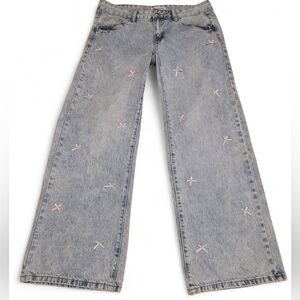 Love Soho Wide Leg Balletcore Pink Bow Jeans Women's Size 7 Light Acid Wash Blue